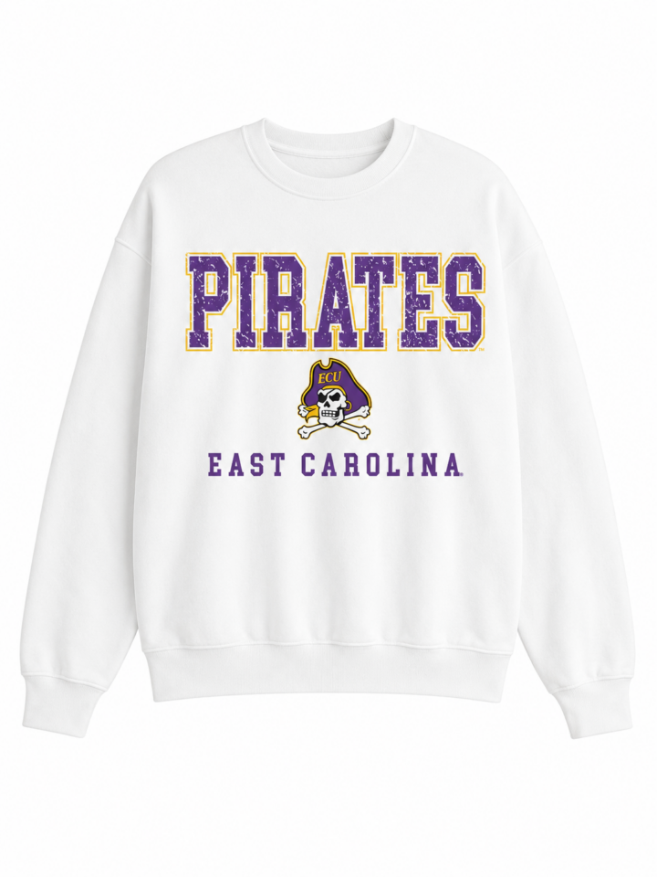 White Long Sleeve Crewneck Sweatshirt with Varsity Graphic