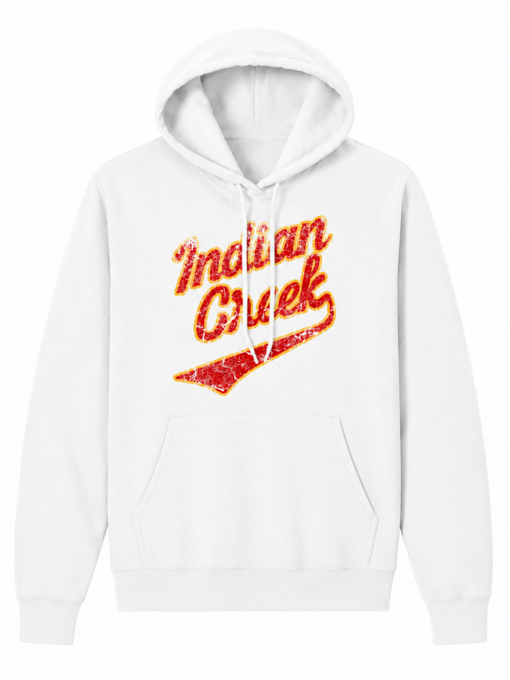 White Pullover Hoodie with 'Indian Creek' Red Script Print
