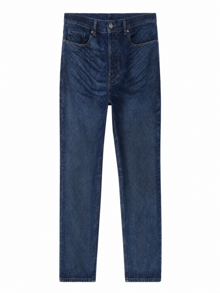 Dark Blue Straight Leg Jeans with Whiskering