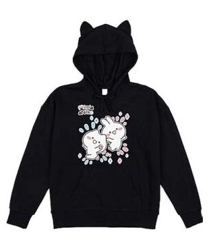 Black Oversized Graphic Hoodie with Cat Ears and Rabbit Print